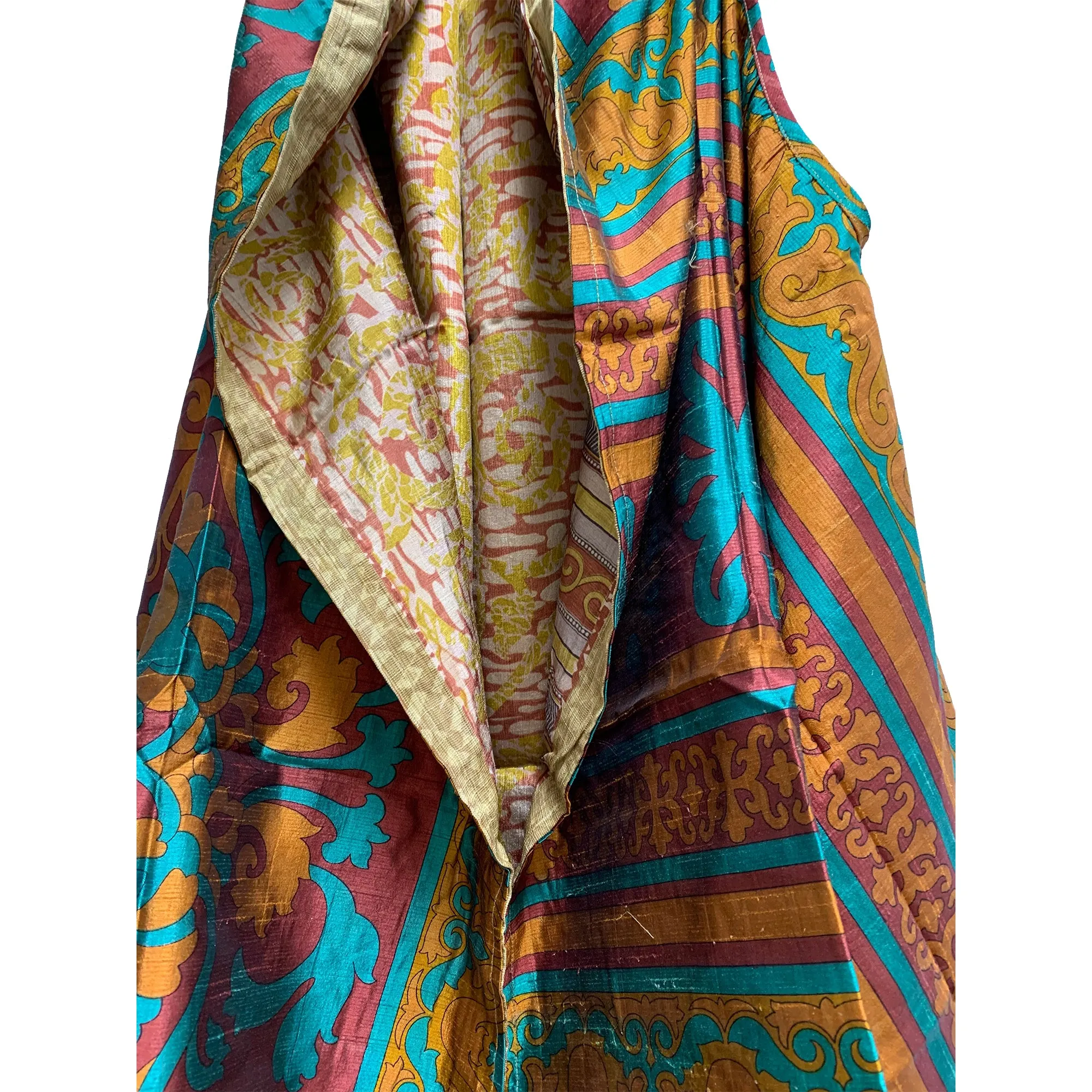 Boho Fashion Silk Saree Patchwork Open Front Reversible Printed Vest Cardigan Duster Jacket