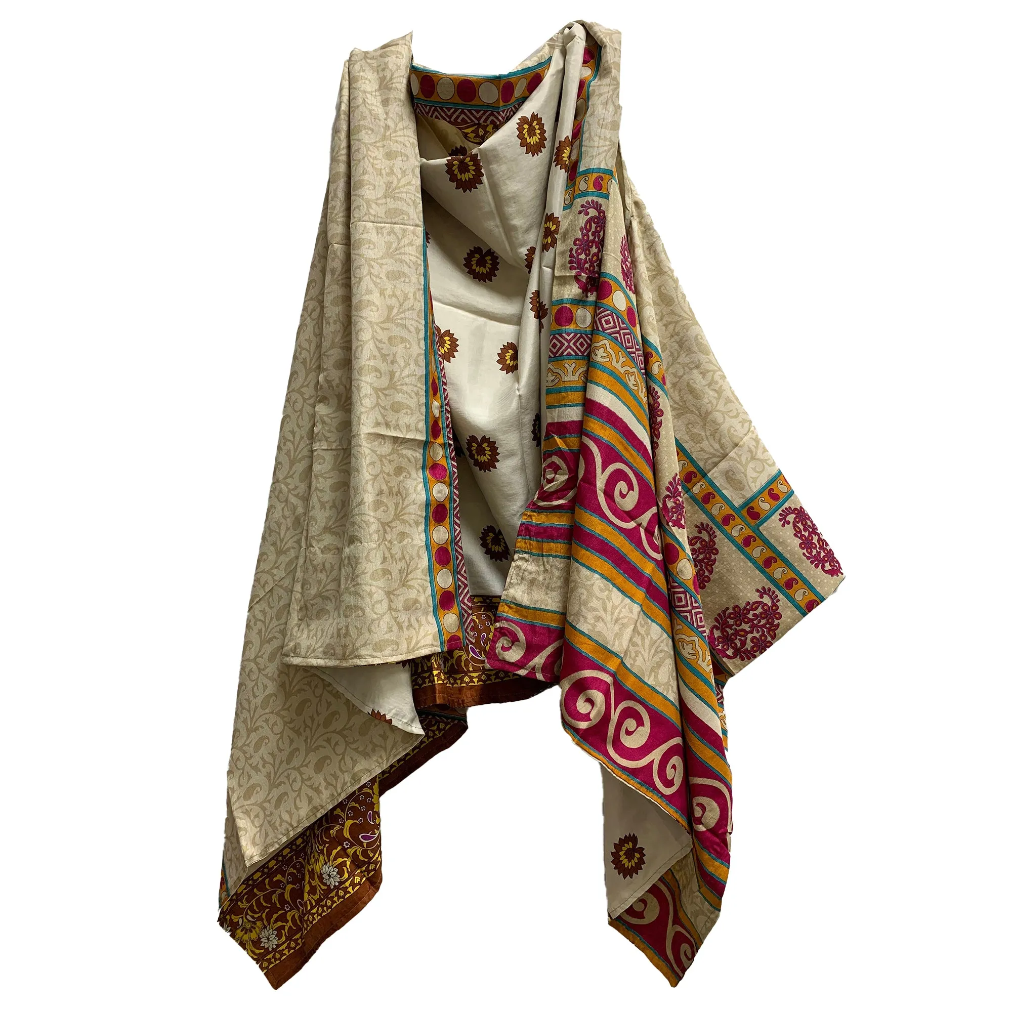 Boho Fashion Silk Saree Patchwork Open Front Reversible Printed Vest Cardigan Duster Jacket