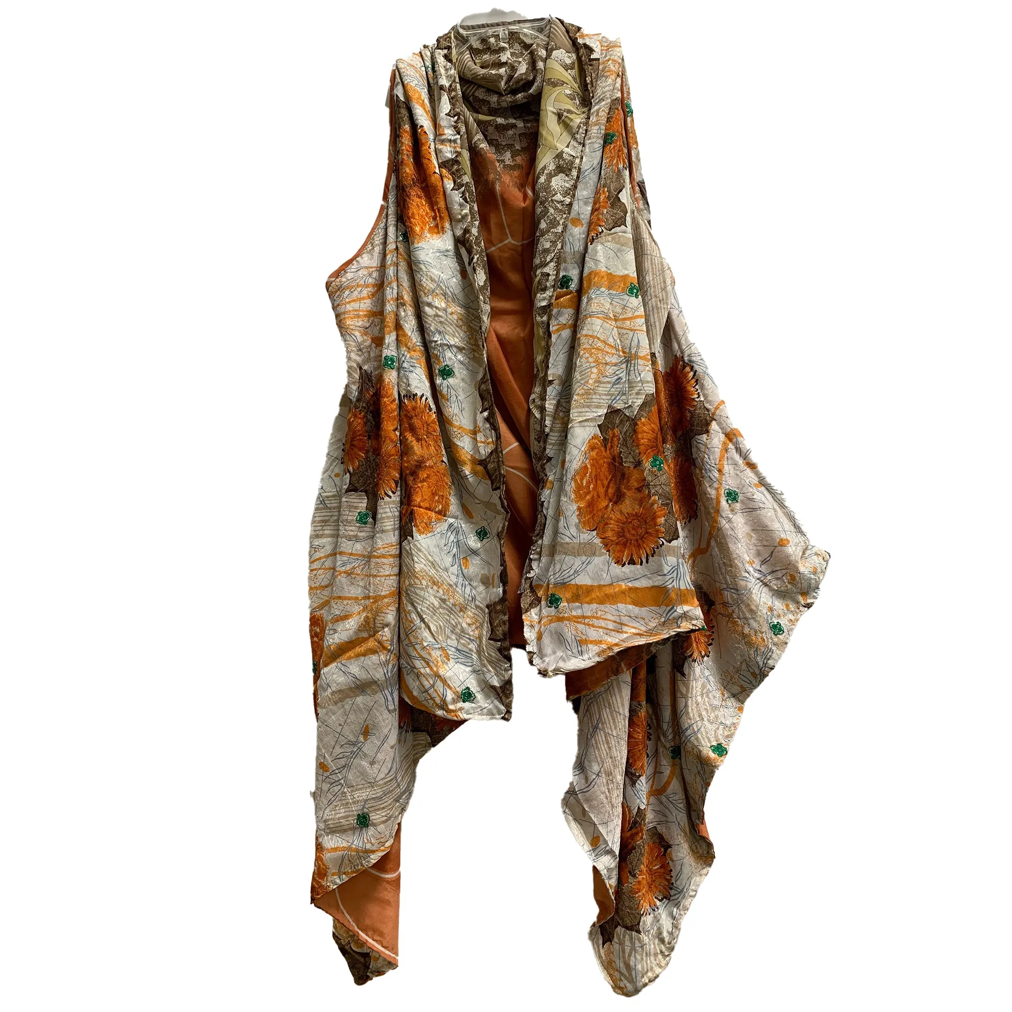 Boho Fashion Silk Saree Patchwork Open Front Reversible Printed Vest Cardigan Duster Jacket