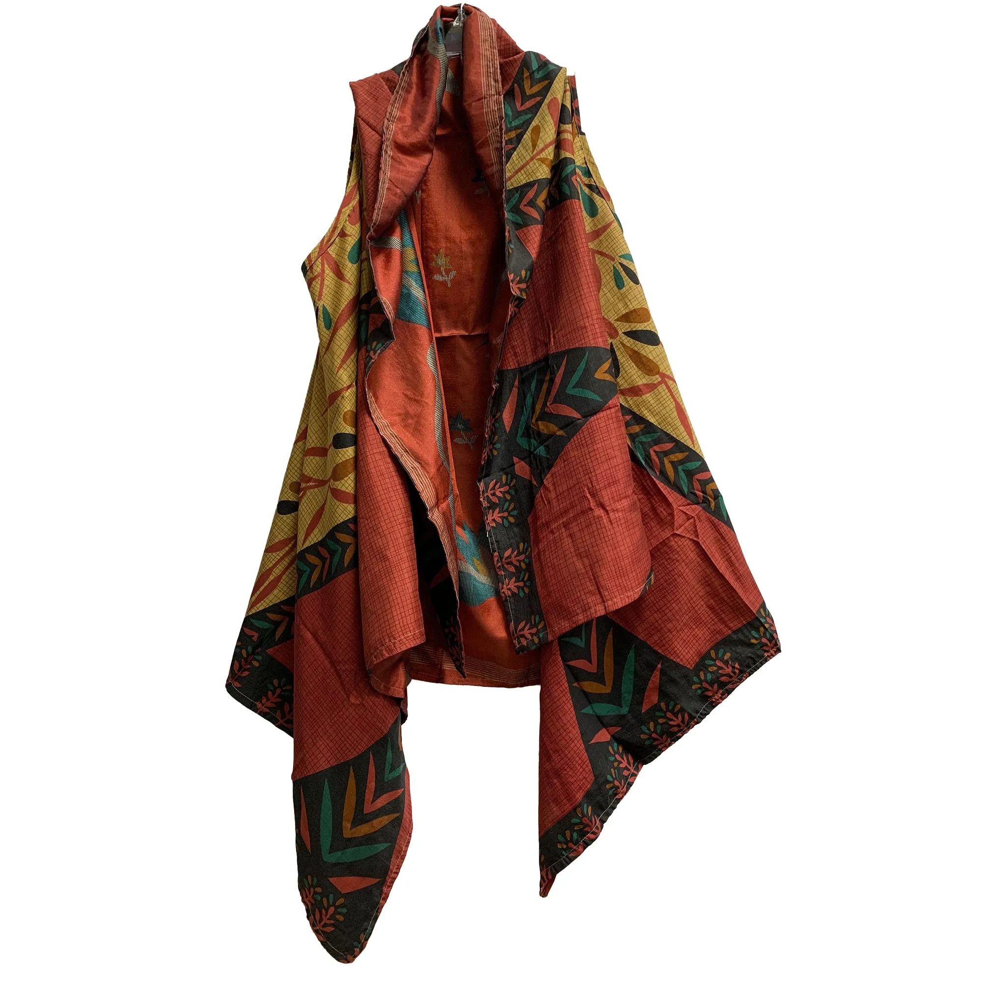 Boho Fashion Silk Saree Patchwork Open Front Reversible Printed Vest Cardigan Duster Jacket