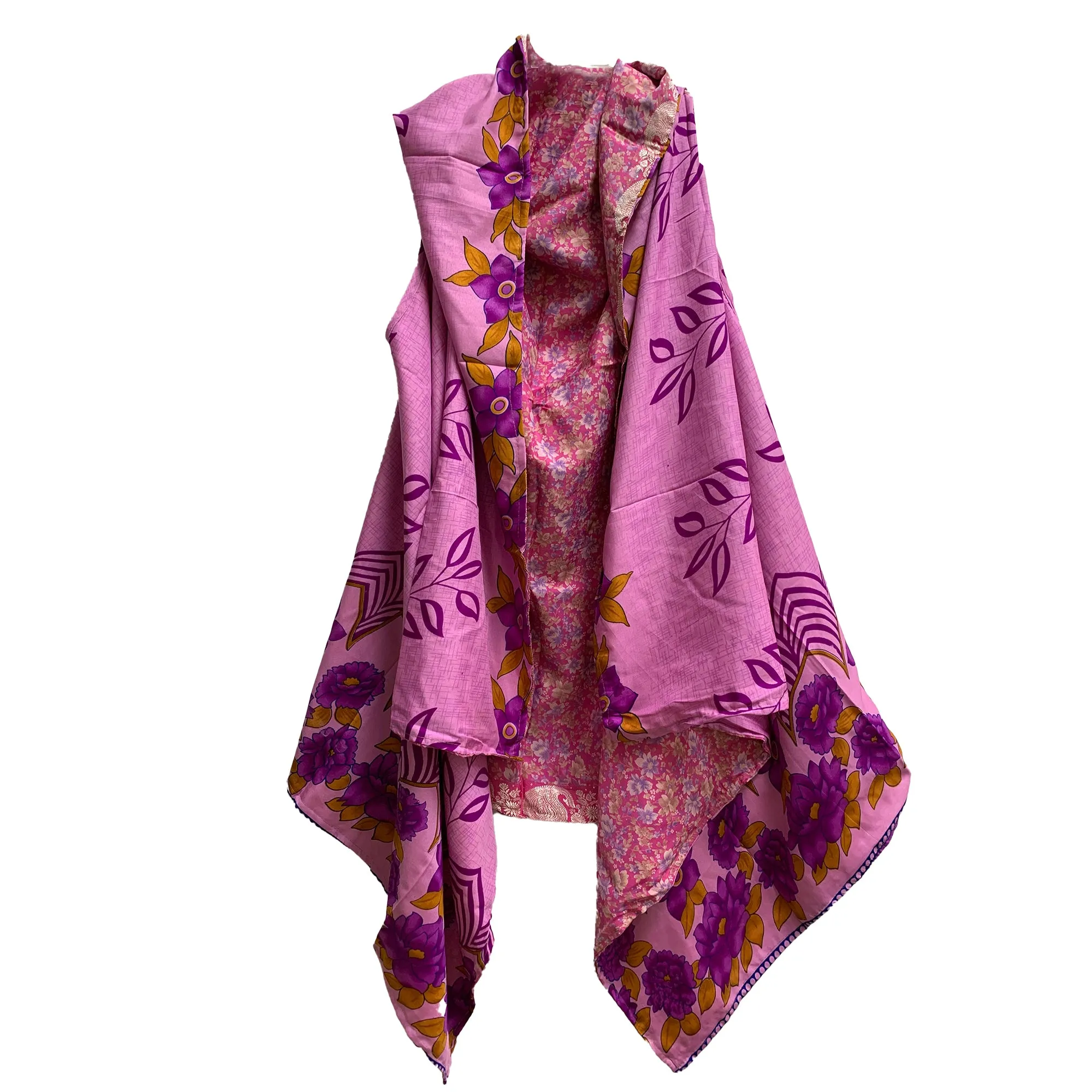 Boho Fashion Silk Saree Patchwork Open Front Reversible Printed Vest Cardigan Duster Jacket