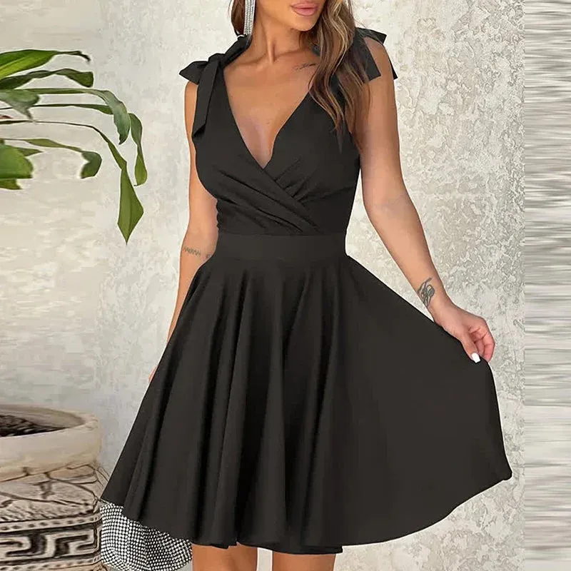 Bow Sleeveless Sweet Mini High Waist A-Line Casual V-neck Party Elegant Solid Dress