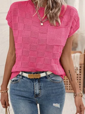 Bright Pink Textured Lattice Knit Short Sleeve Sweater