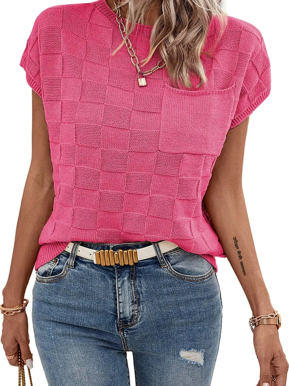 Bright Pink Textured Lattice Knit Short Sleeve Sweater