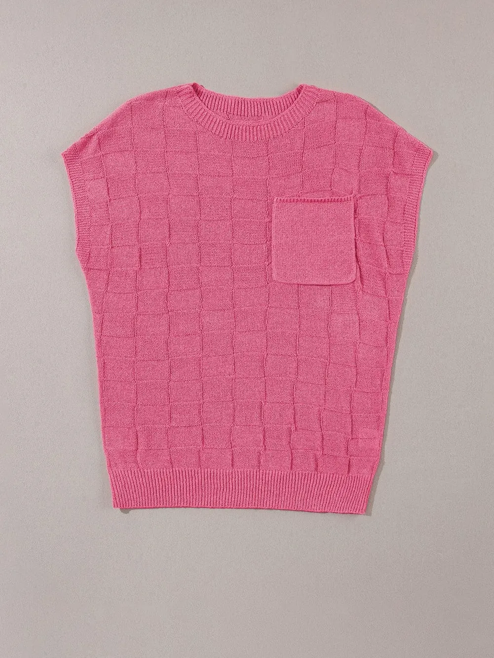 Bright Pink Textured Lattice Knit Short Sleeve Sweater