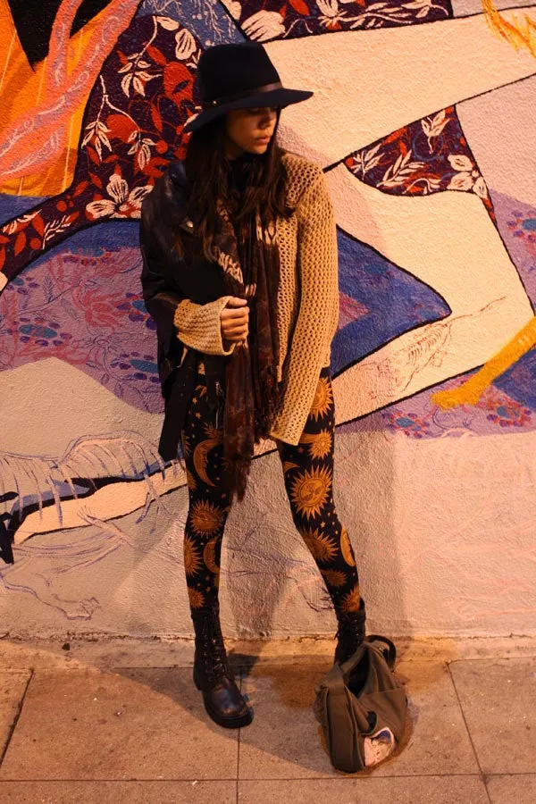 Brown Moon Sun Print Bohemian Style Slim Leggings