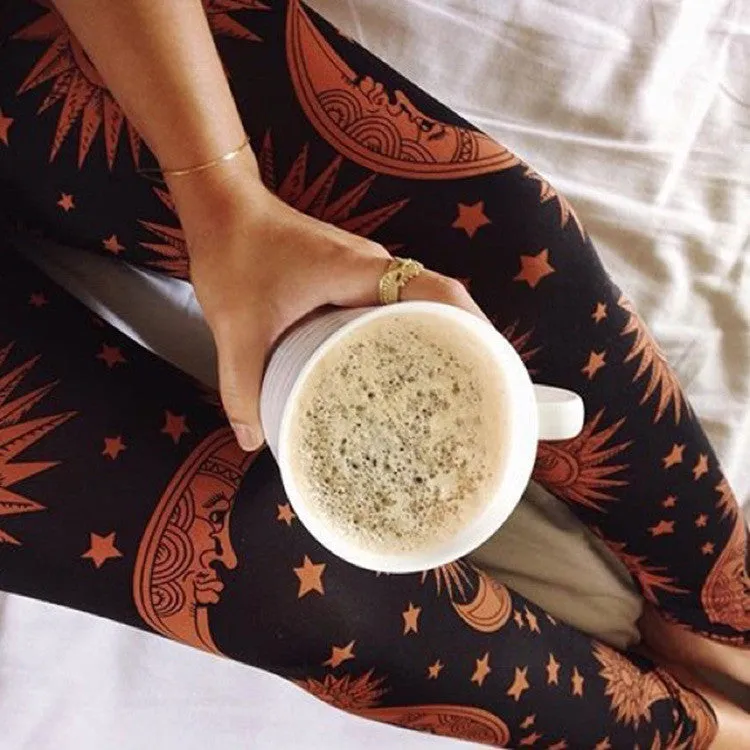 Brown Moon Sun Print Bohemian Style Slim Leggings