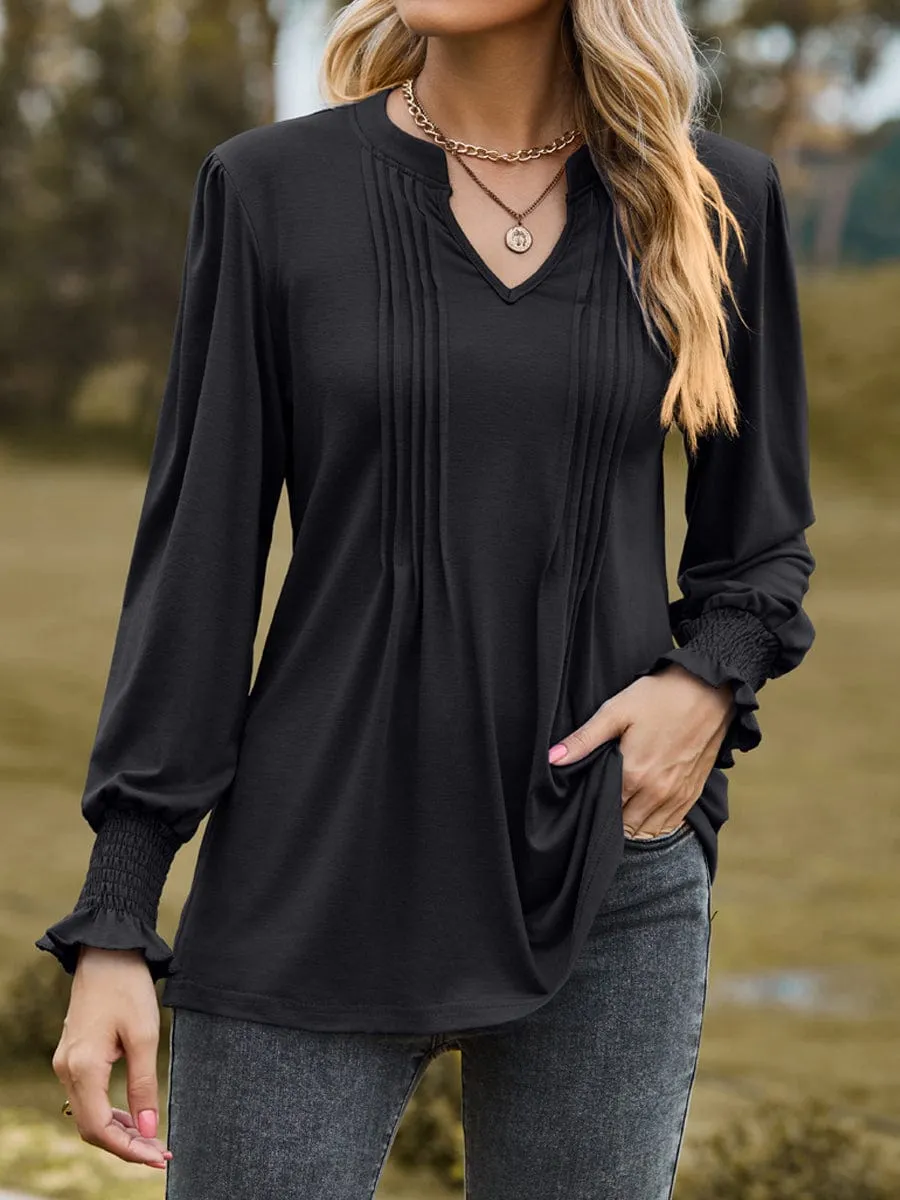 Casual Loose Fit V Neck Pleated Long Sleeve T-Shirt