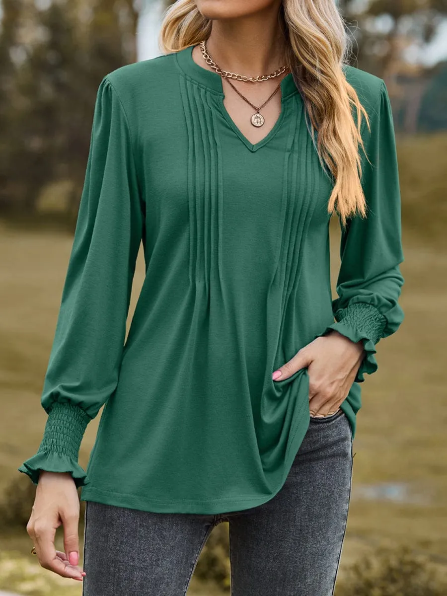 Casual Loose Fit V Neck Pleated Long Sleeve T-Shirt