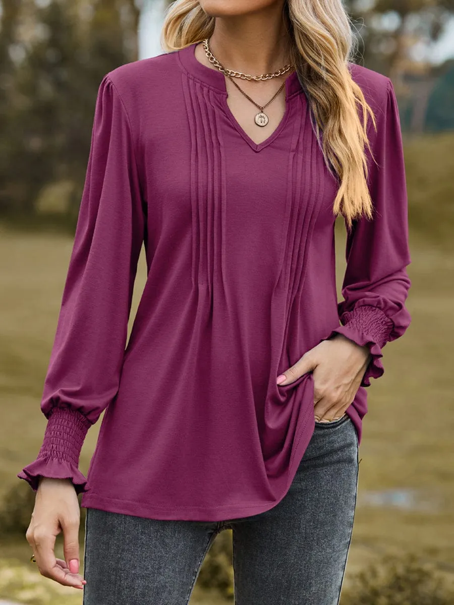 Casual Loose Fit V Neck Pleated Long Sleeve T-Shirt