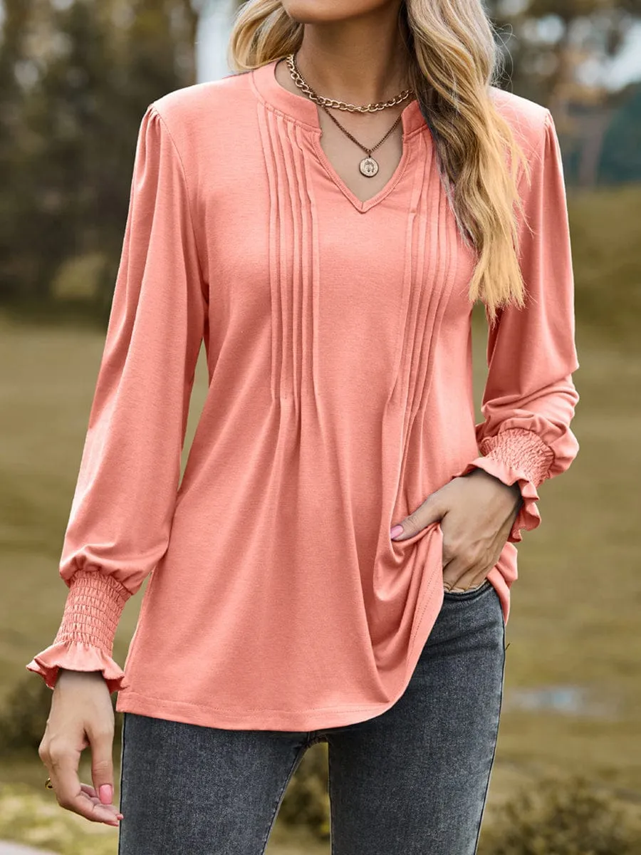 Casual Loose Fit V Neck Pleated Long Sleeve T-Shirt