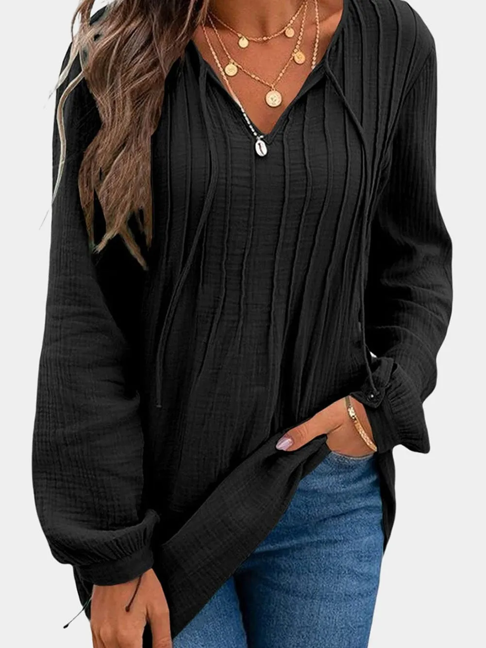 Casual Loose Fit V Neck Pleated Long Sleeve T-Shirt