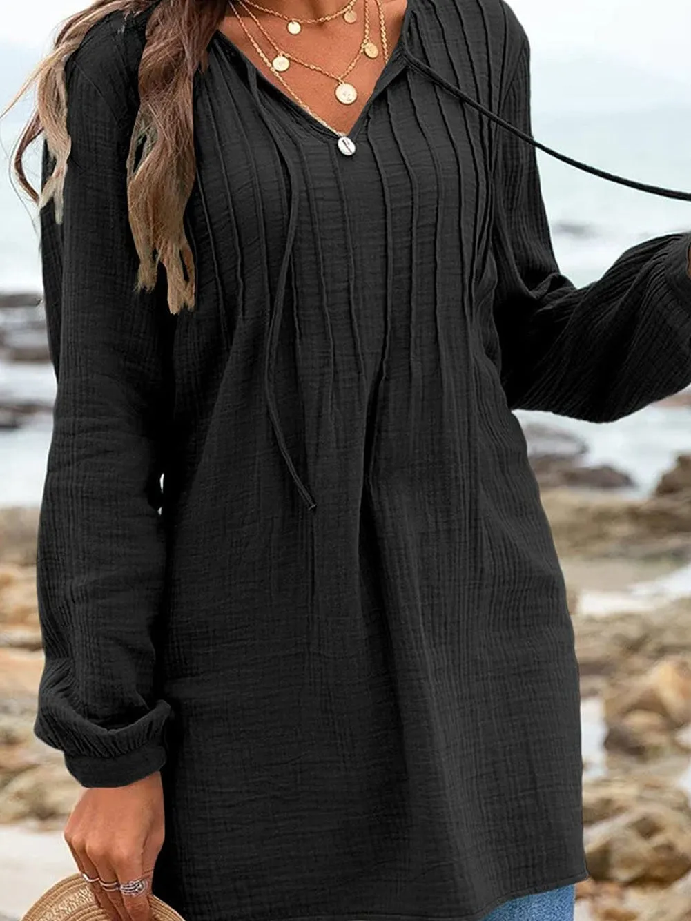 Casual Loose Fit V Neck Pleated Long Sleeve T-Shirt