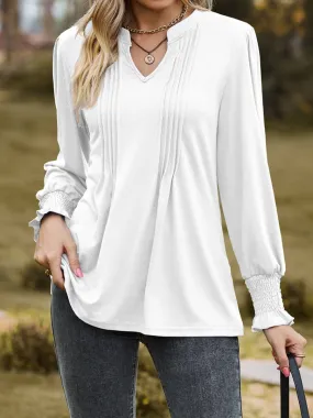 Casual Loose Fit V Neck Pleated Long Sleeve T-Shirt