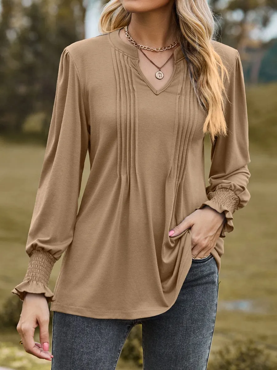 Casual Loose Fit V Neck Pleated Long Sleeve T-Shirt