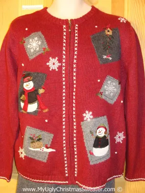 Cheap Tacky Cheesy Holiday Sweater with Crafty Patchwork Snowman Friends and Snowflakes (f1120)