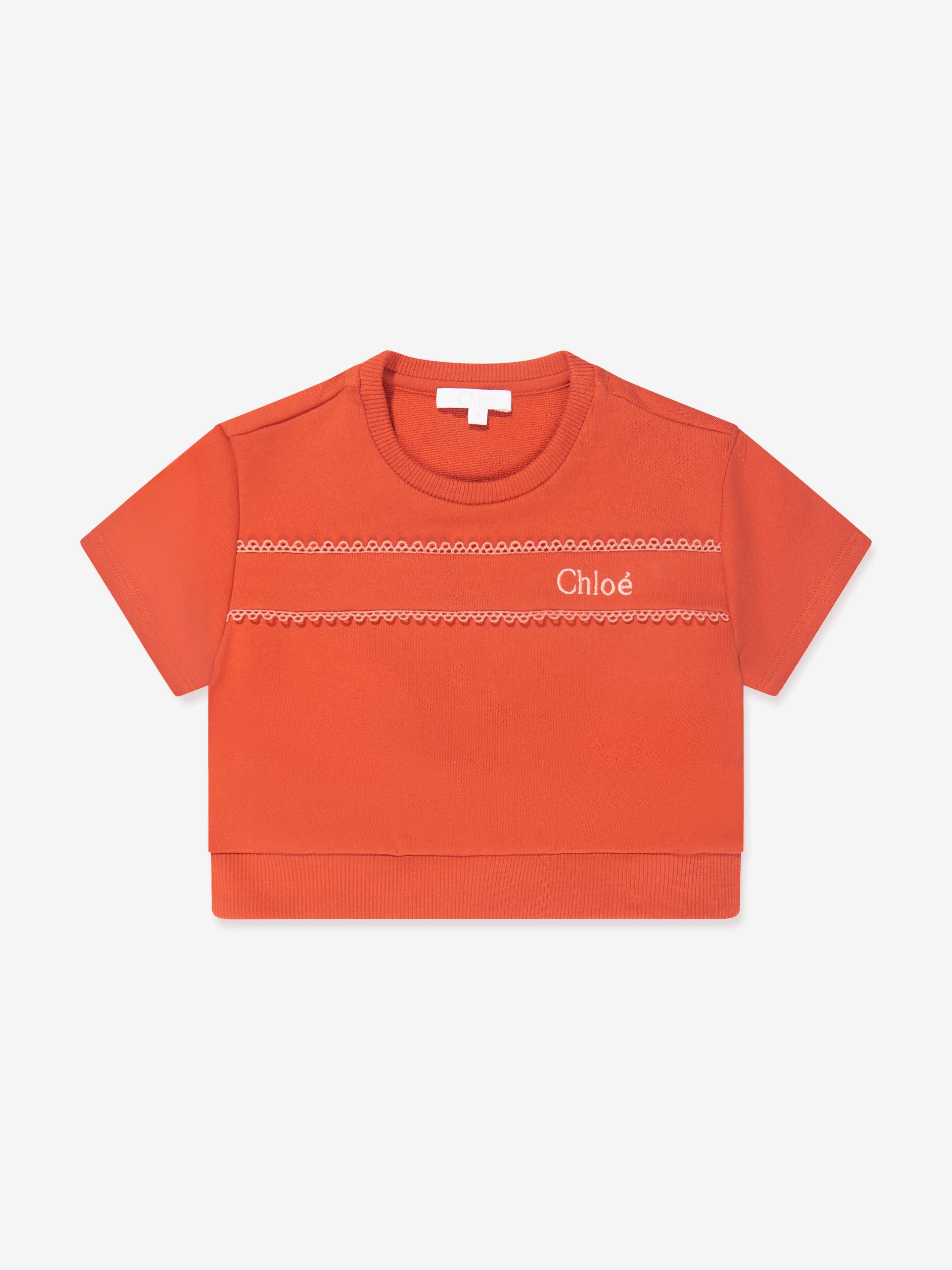 Chloé Girls Organic Cotton Short Sleeve Sweatshirt in Orange