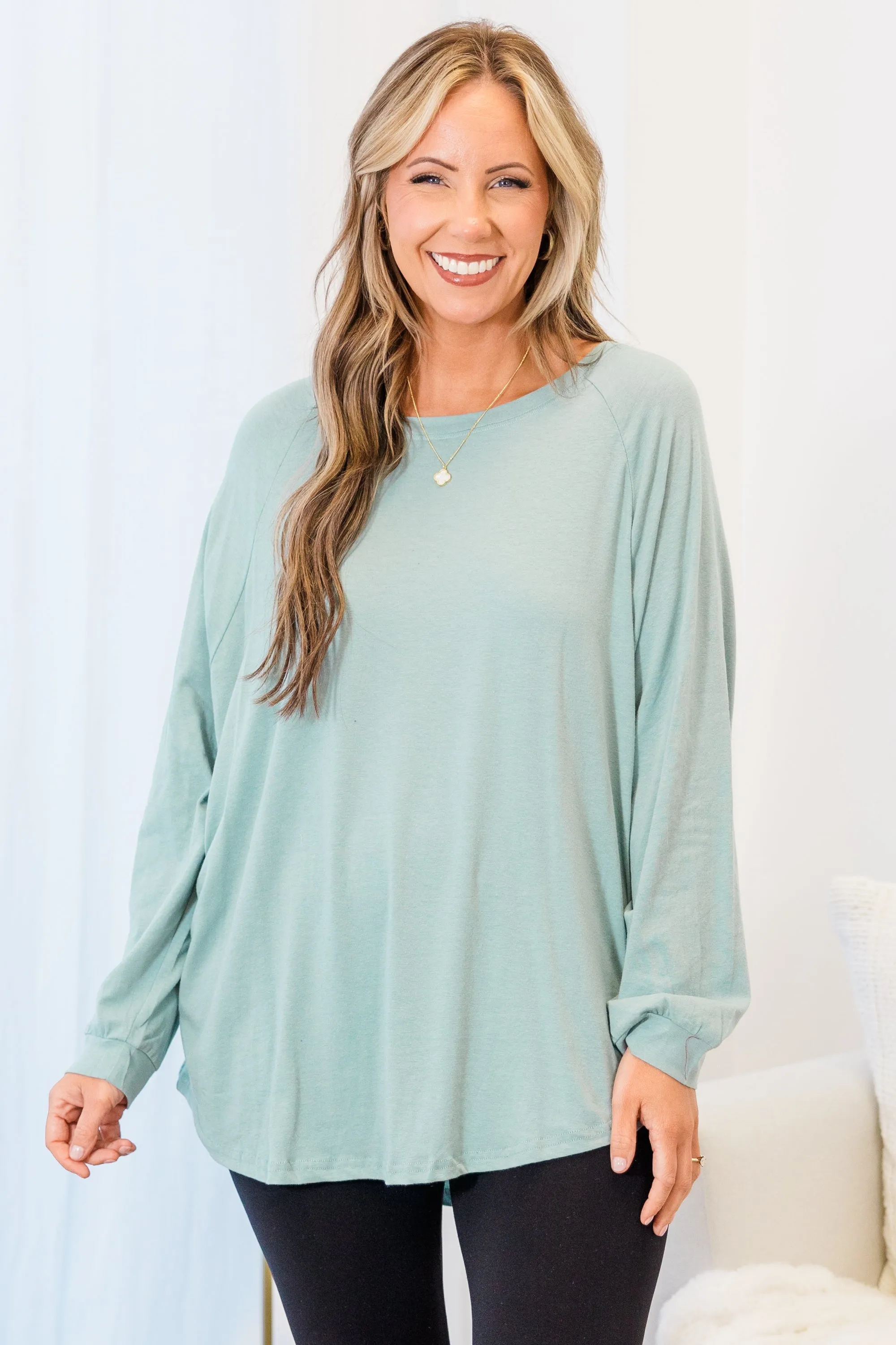 Curved Hem Slouchy Dolman Tunic, Mineral Mint