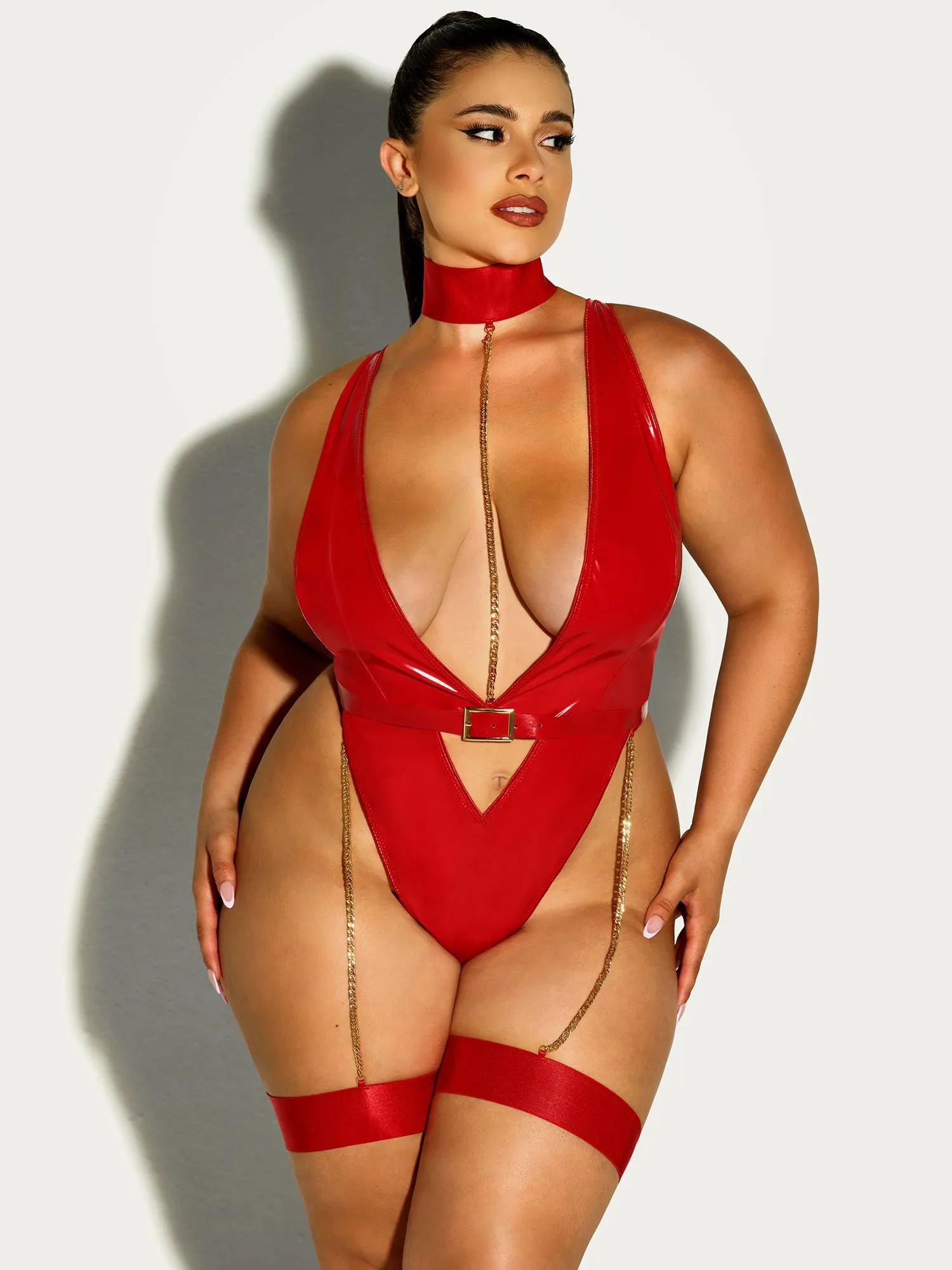 Curvy Fetish Harness Haven Plunge Teddy - RED