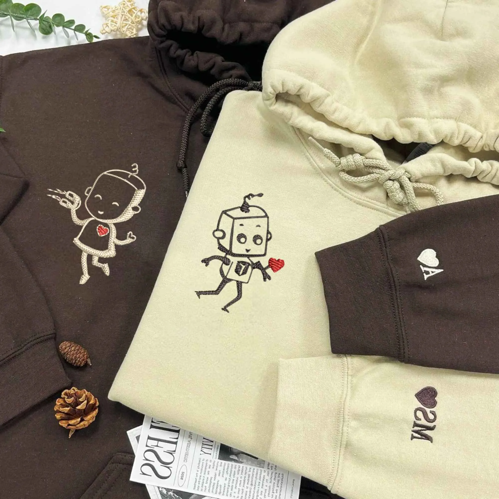 Custom Embroidered Robot Matching Couple Hoodies | Cute and Quirky Sweatshirts For Couple