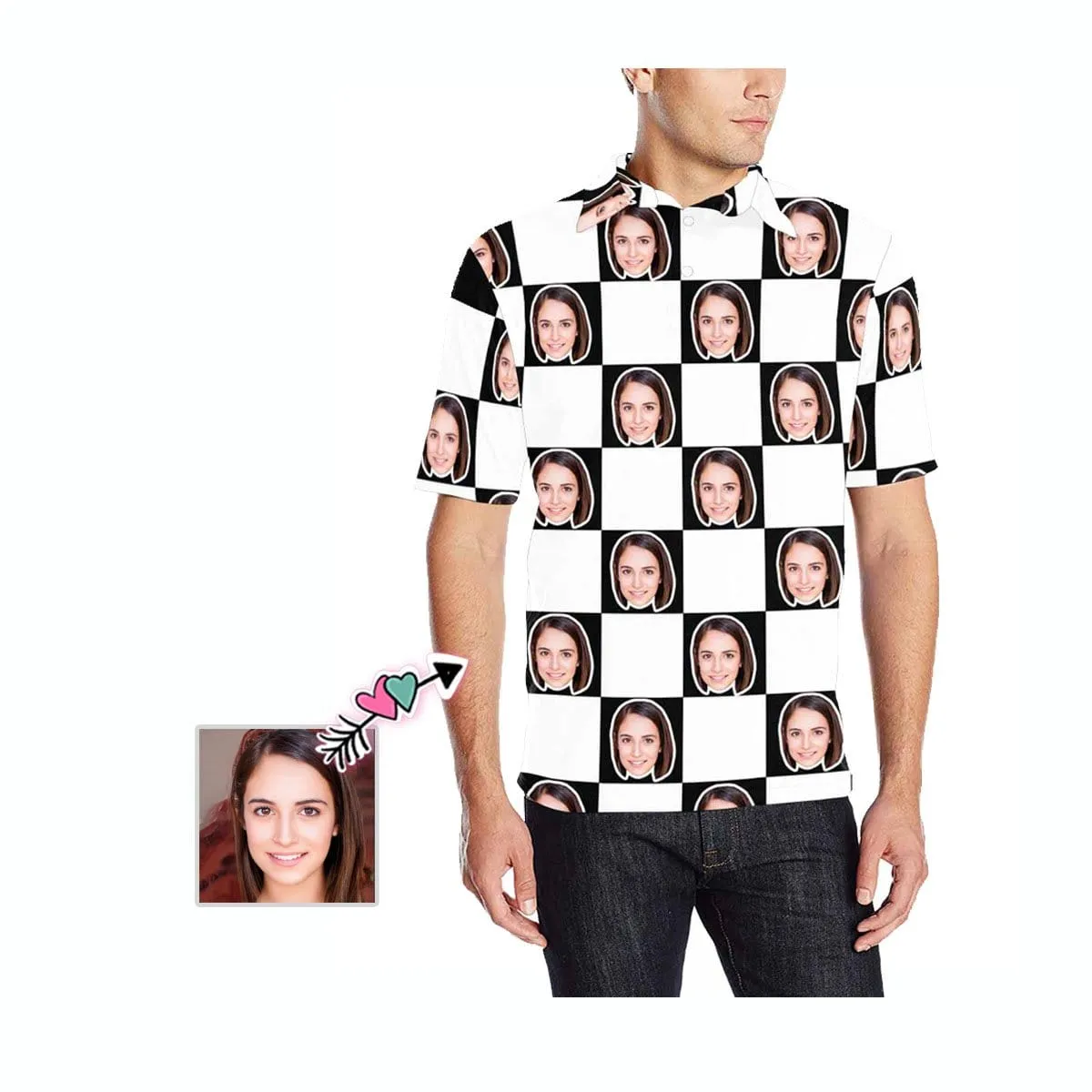 Custom Face Black&White Grid All Over Print Polo Shirt Personalized Men's Golf Shirt