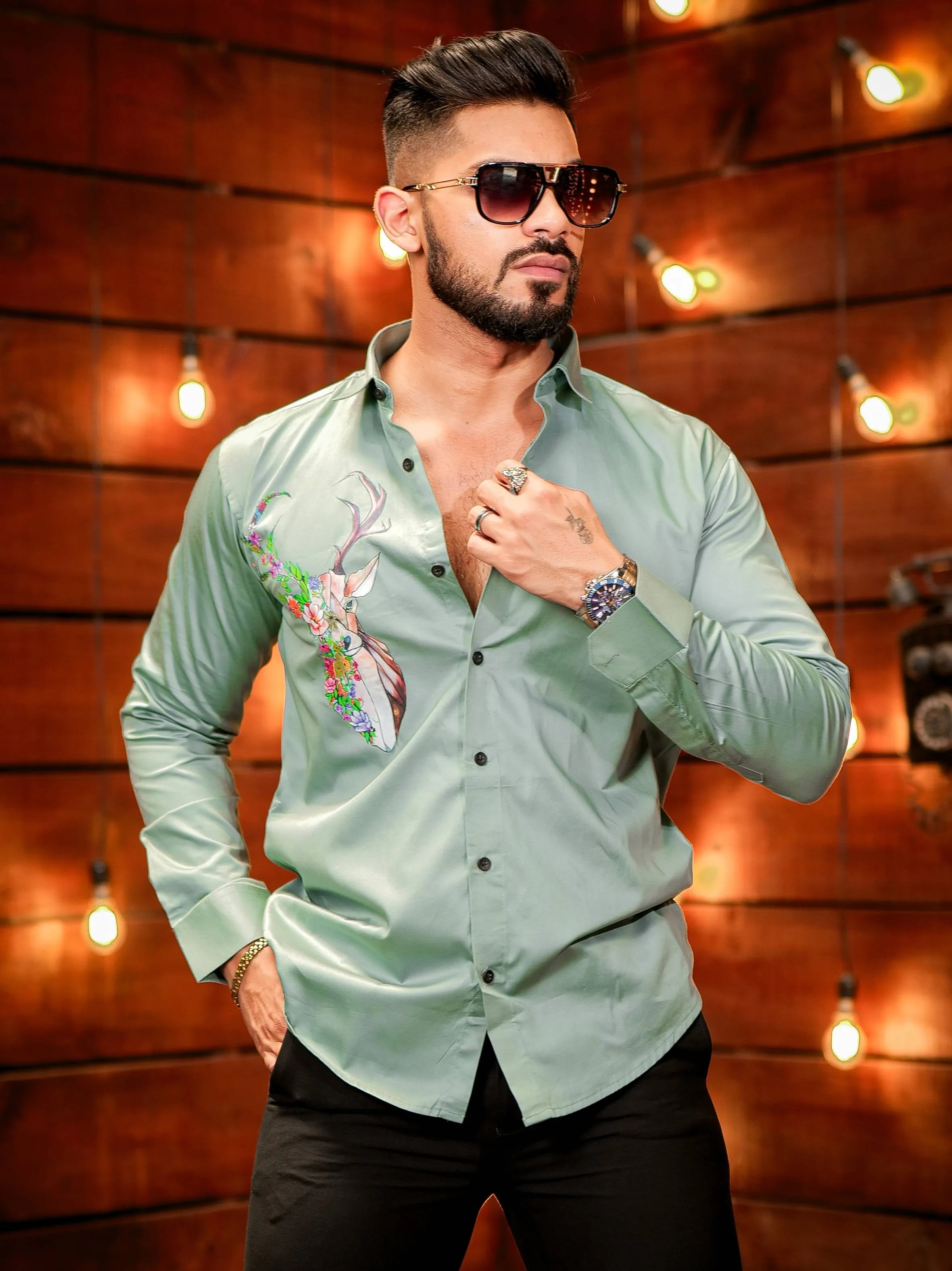 Cyan Color Deer Printed Satin Cotton Shirt