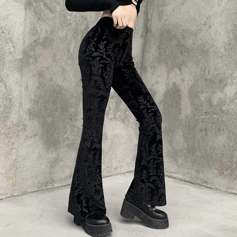 Dark autumn and winter Croesus bell flared trousers suede embossed prints casual wide-leg pants for gothic girls