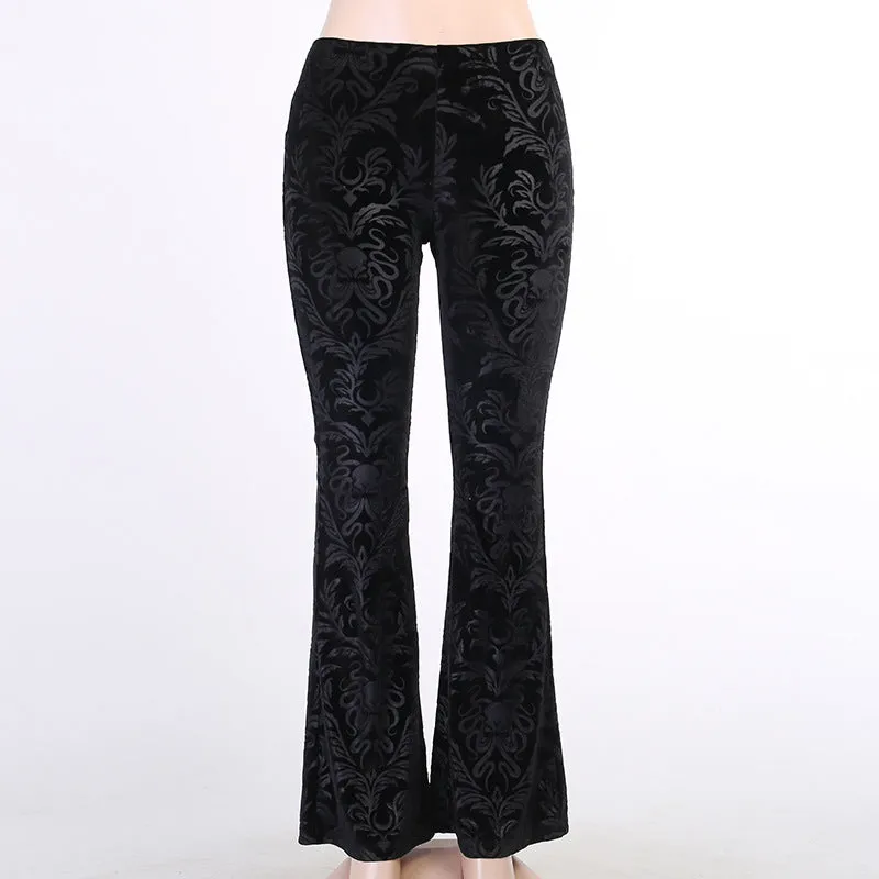 Dark autumn and winter Croesus bell flared trousers suede embossed prints casual wide-leg pants for gothic girls