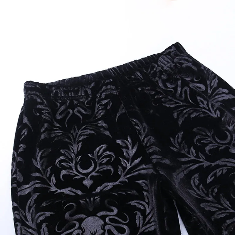 Dark autumn and winter Croesus bell flared trousers suede embossed prints casual wide-leg pants for gothic girls