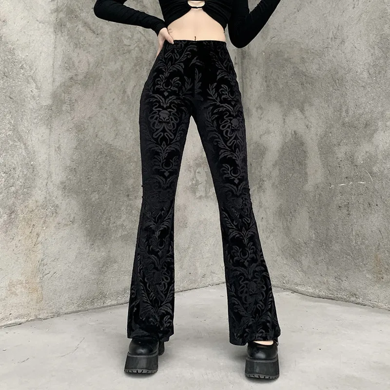 Dark autumn and winter Croesus bell flared trousers suede embossed prints casual wide-leg pants for gothic girls