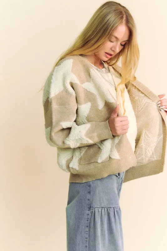 DAVI & DANI Teddy Fuzzy Sherpa Star Knit Cardigan Long Sleeve Oversized Button Sweater