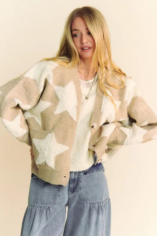 DAVI & DANI Teddy Fuzzy Sherpa Star Knit Cardigan Long Sleeve Oversized Button Sweater