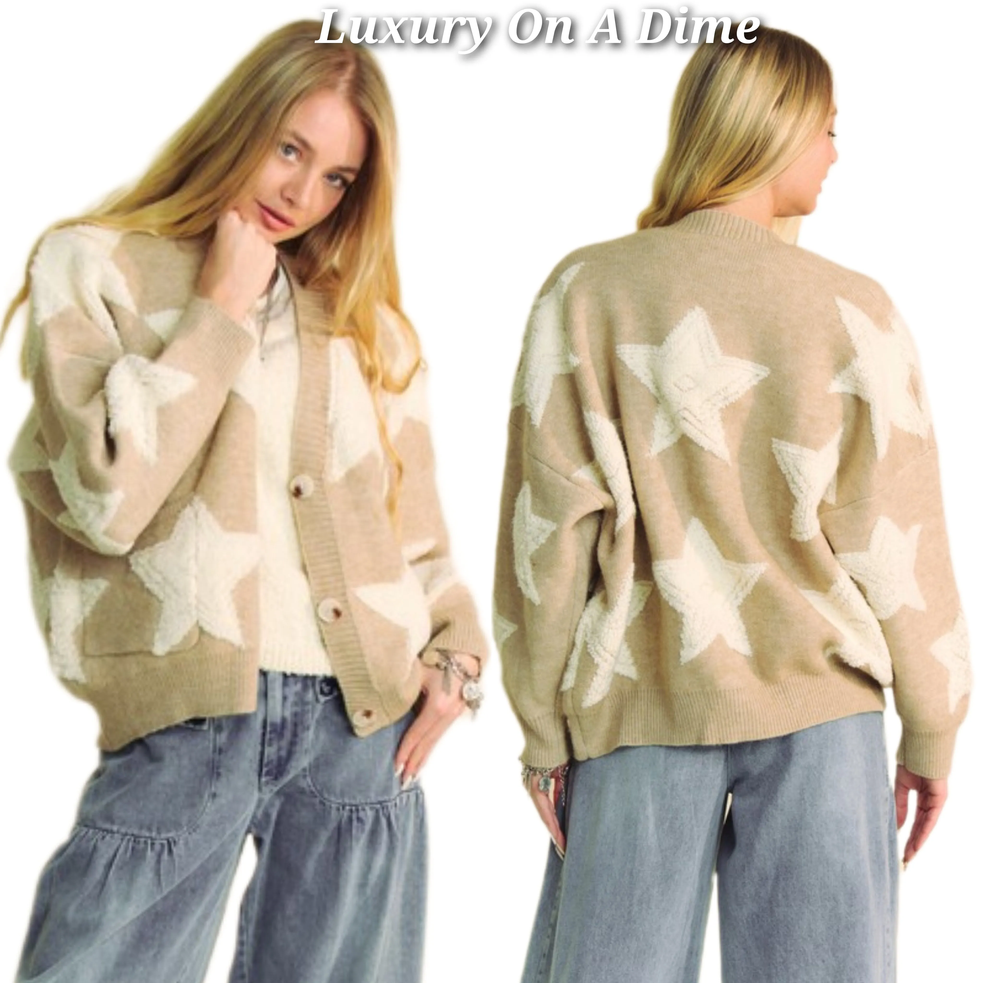 DAVI & DANI Teddy Fuzzy Sherpa Star Knit Cardigan Long Sleeve Oversized Button Sweater