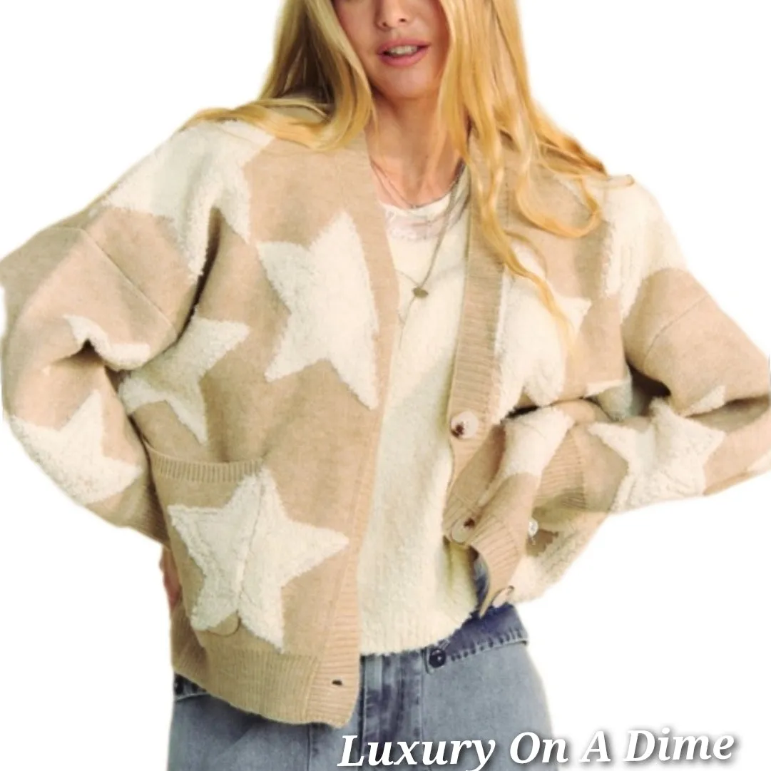 DAVI & DANI Teddy Fuzzy Sherpa Star Knit Cardigan Long Sleeve Oversized Button Sweater