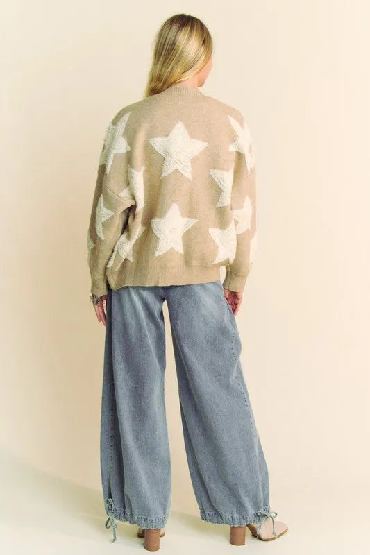 DAVI & DANI Teddy Fuzzy Sherpa Star Knit Cardigan Long Sleeve Oversized Button Sweater