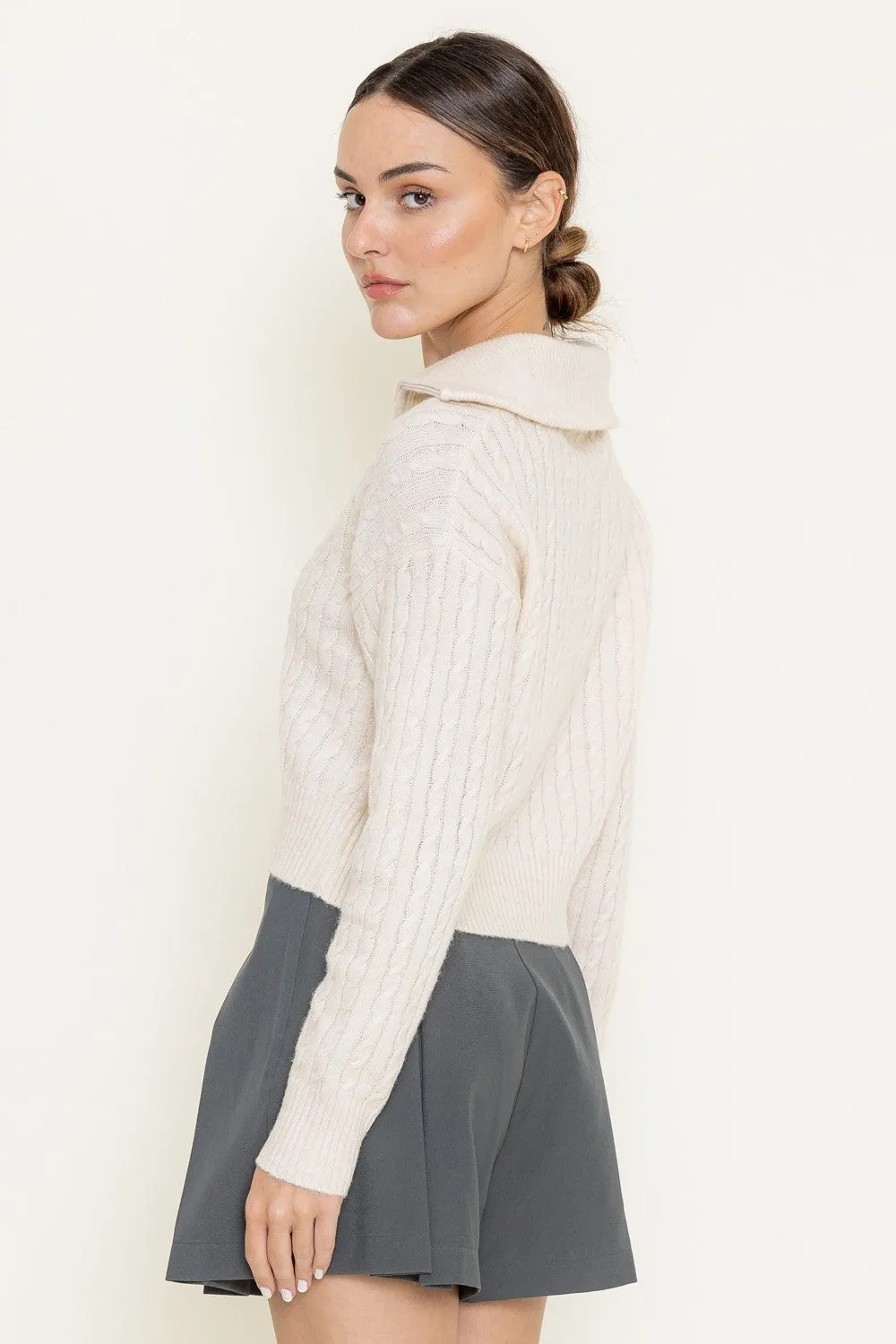 Demi Preppy Thin Knit Zip-Up Collar Sweater Top