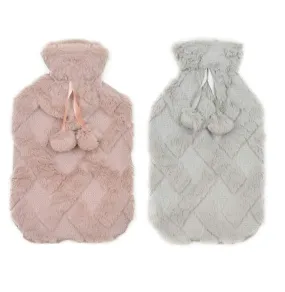 Diamond Fleece Plush Hot Water Bottle 2L with Pom Poms for Ultimate Warmth and Comfort by OLIVIA ROCCO