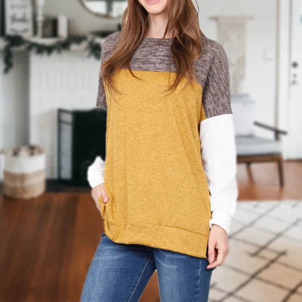 EG FASHION Three Color-Block Tunic Mustard Top