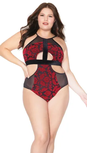 Elegant Floral Embroidered And Mesh Cutout Halter Teddy