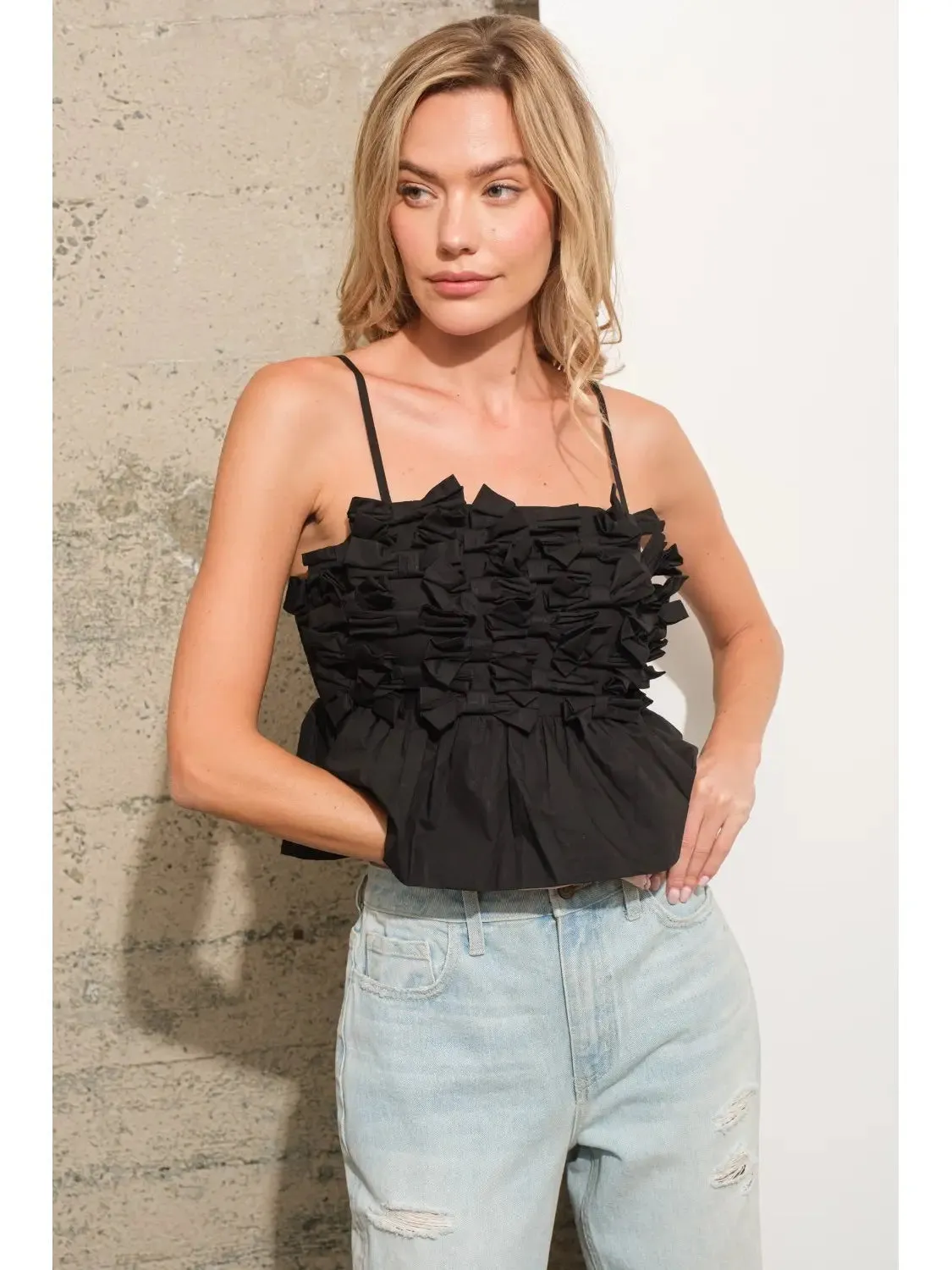 Exaggerated Ribbon Bow Crop Peplum Tank