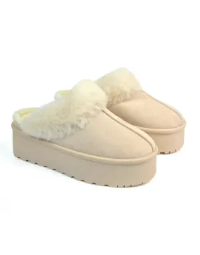 Faith Slip On Faux Fur Slippers with Platform Sole in Beige