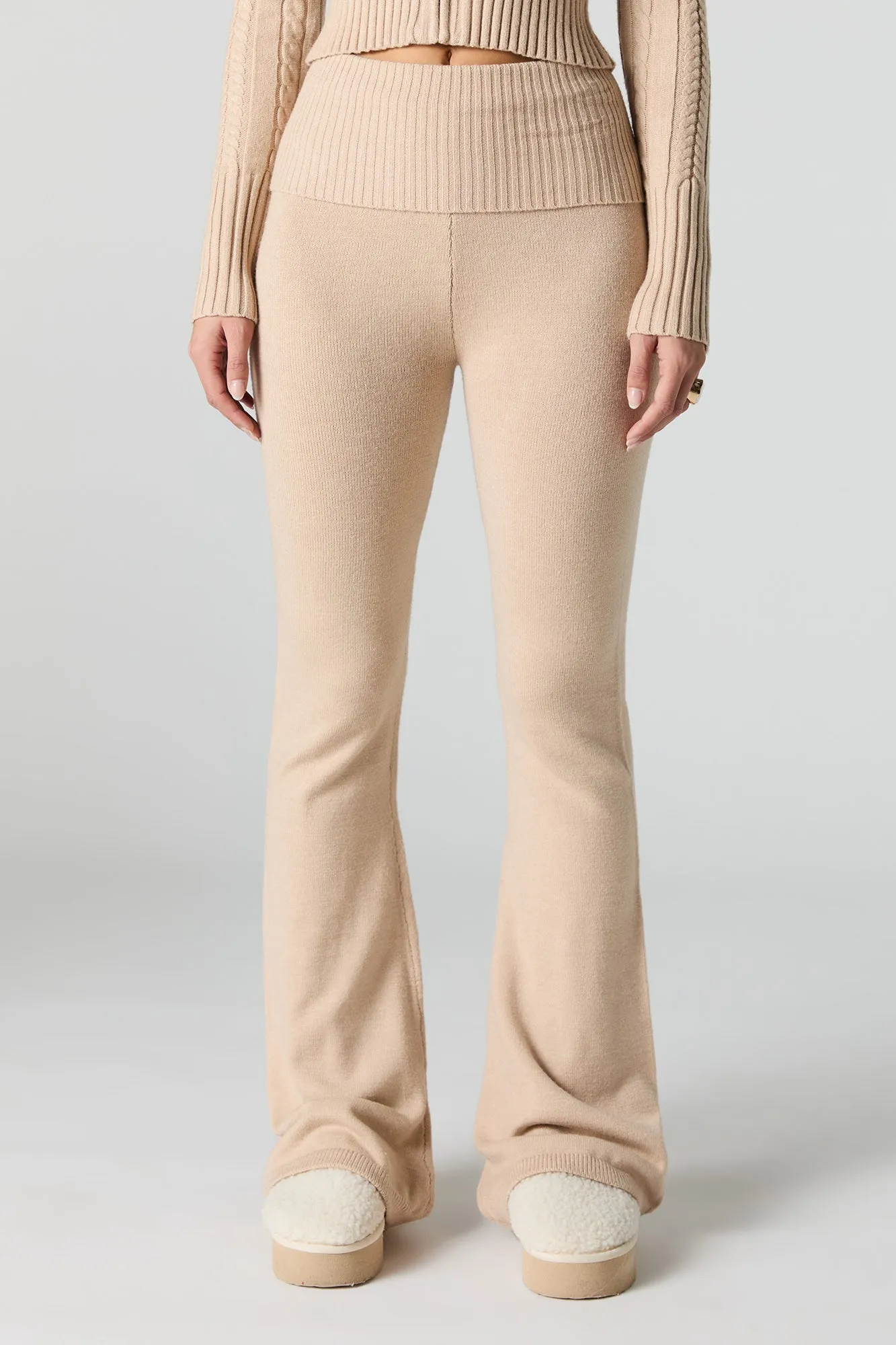 Foldover Waist Flare Knit Pant