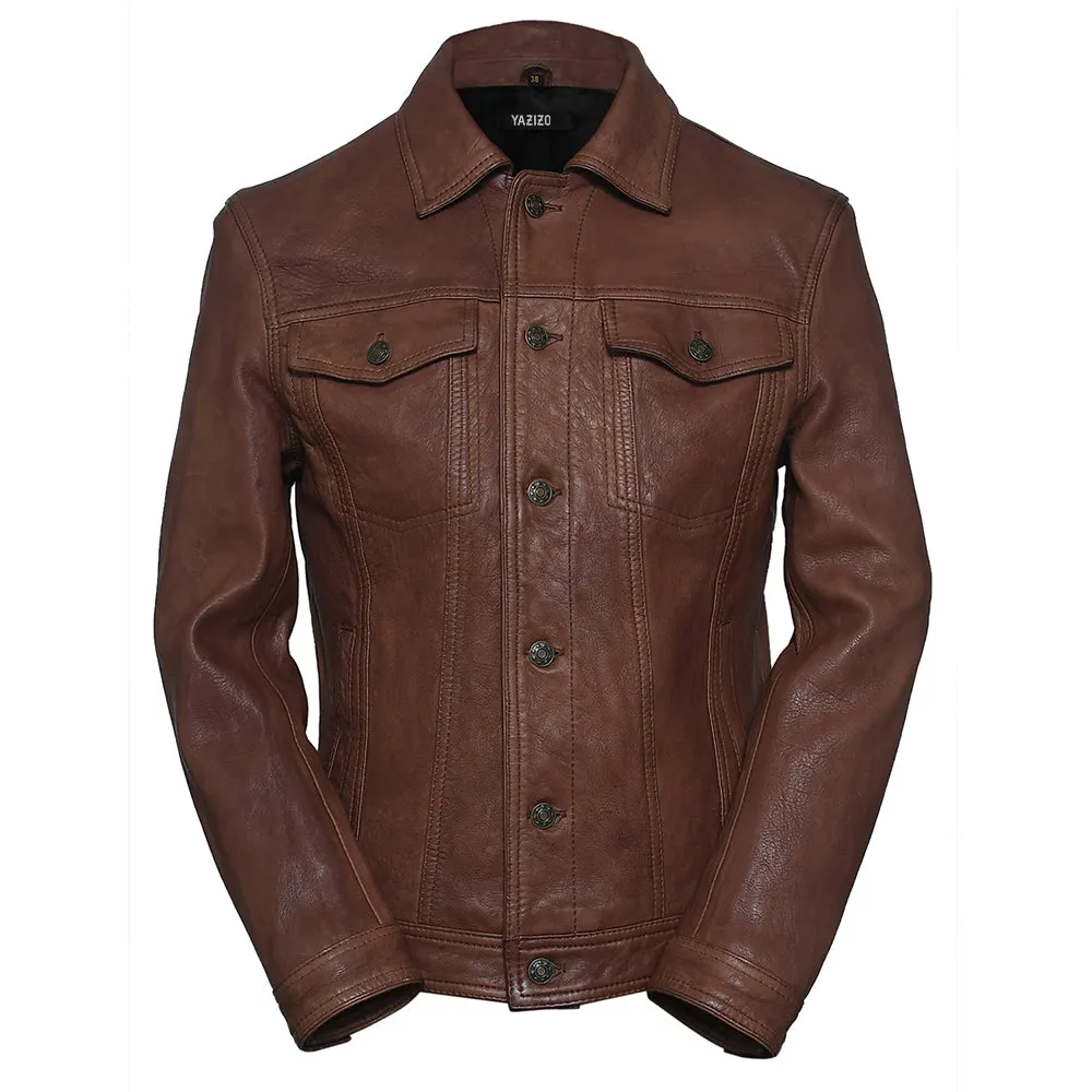 Four Pocket Mens Brown Leather Trucker Jacket