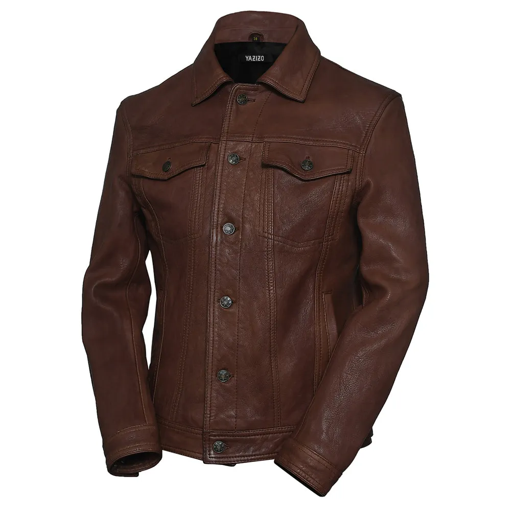 Four Pocket Mens Brown Leather Trucker Jacket