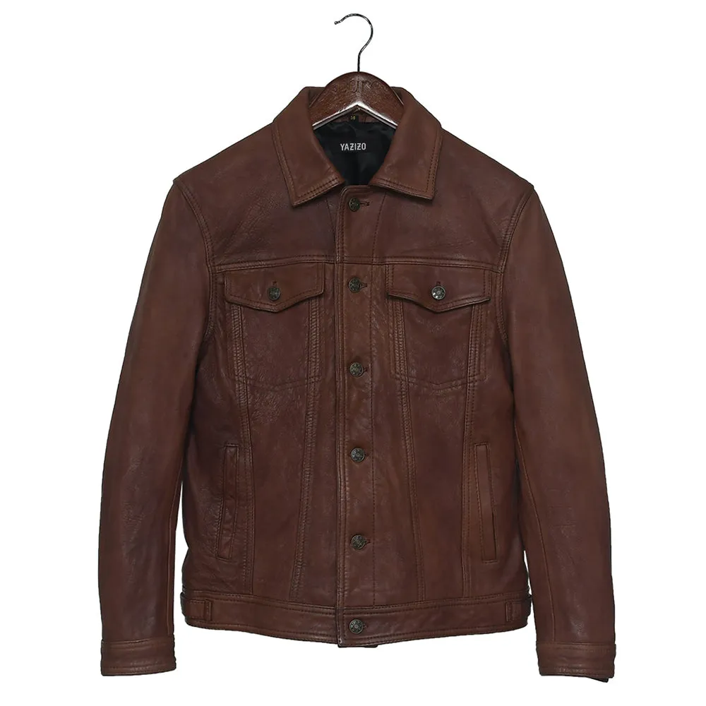 Four Pocket Mens Brown Leather Trucker Jacket