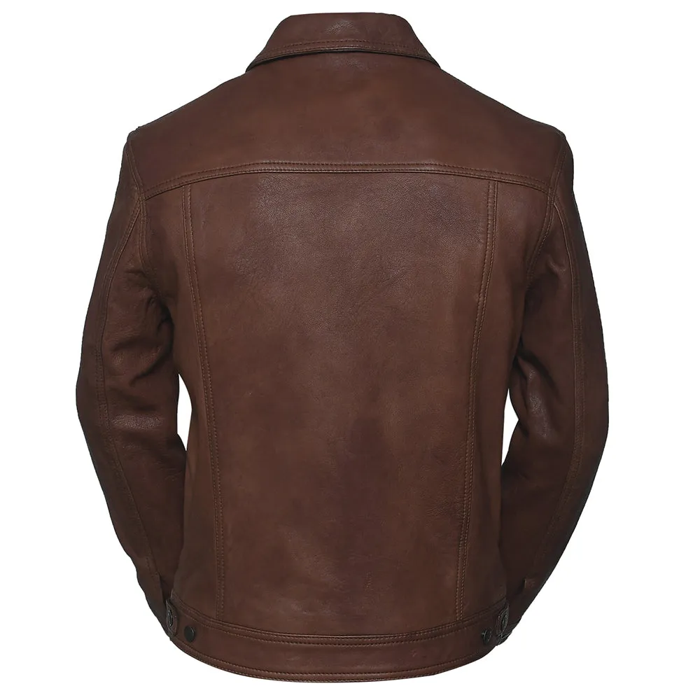 Four Pocket Mens Brown Leather Trucker Jacket