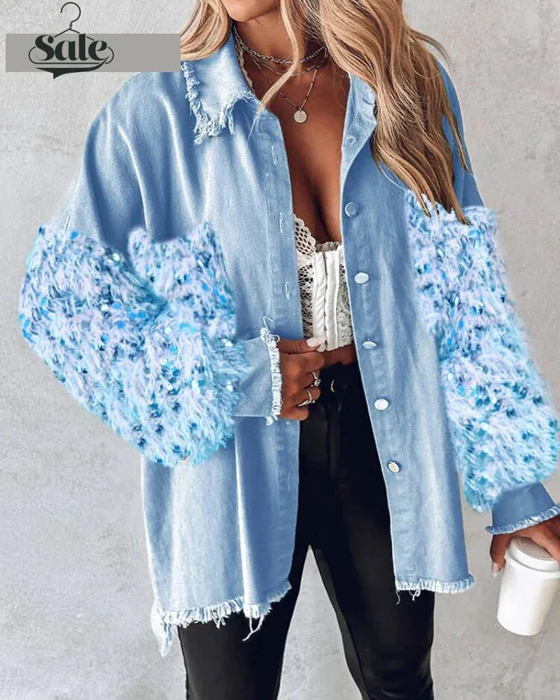 Fuzzy Tassel Patchwork Denim Distressed Jackets