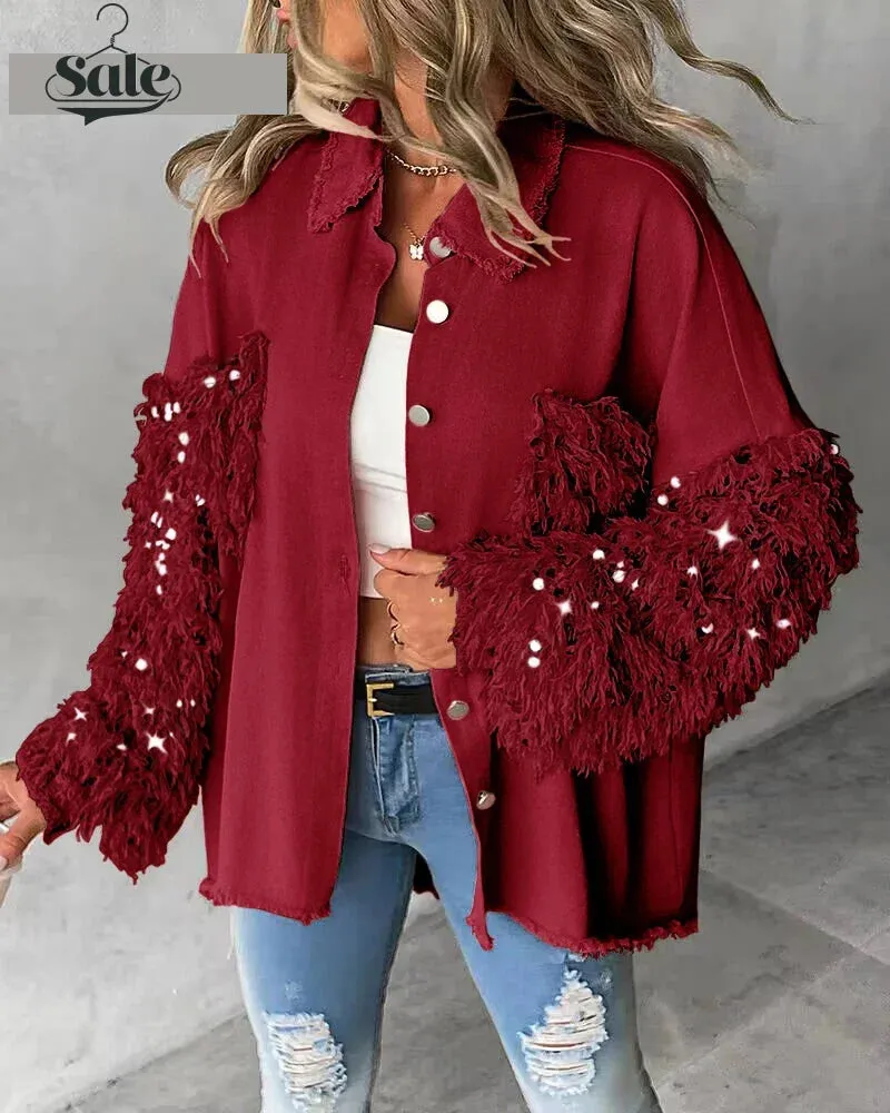 Fuzzy Tassel Patchwork Denim Distressed Jackets