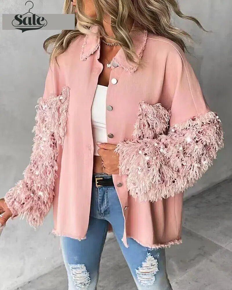 Fuzzy Tassel Patchwork Denim Distressed Jackets