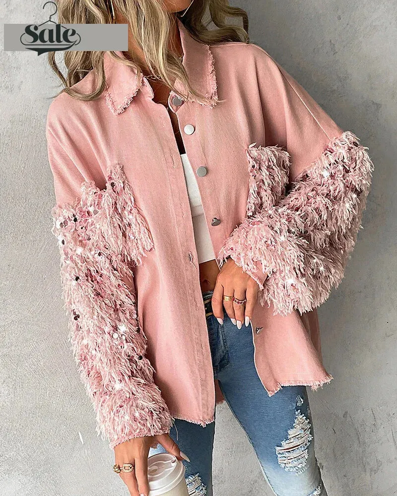 Fuzzy Tassel Patchwork Denim Distressed Jackets